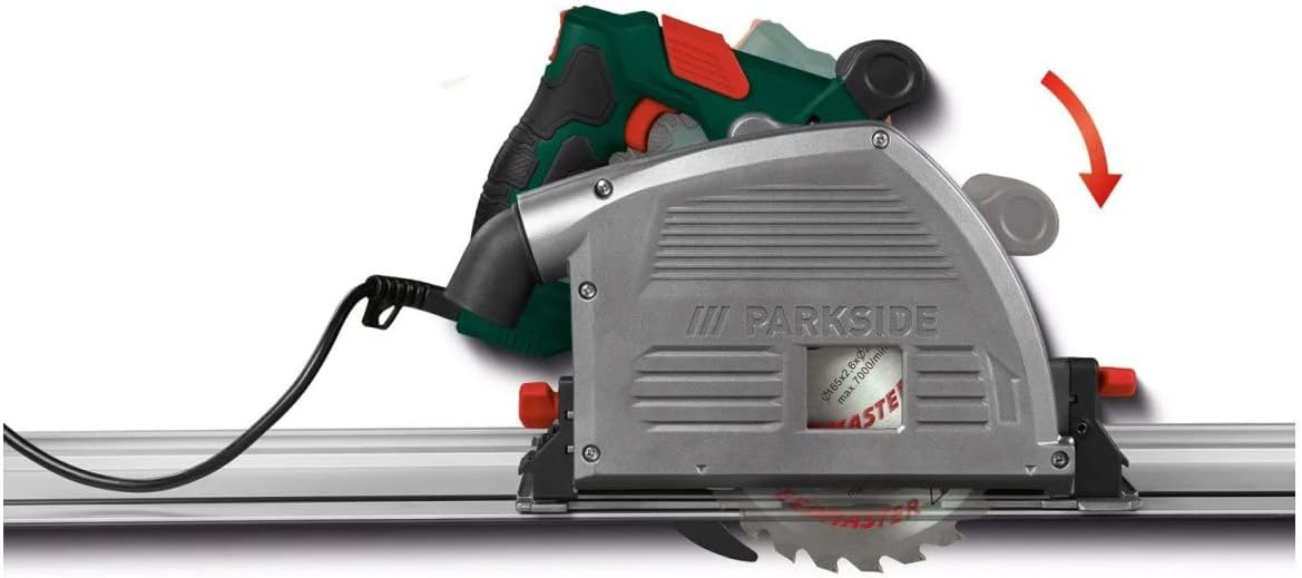 Close-up of plunge saw blade guard mechanism