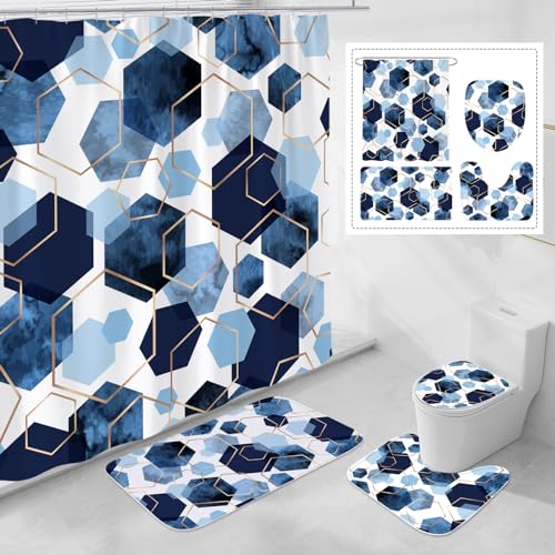 Litabel 4 Pcs Navy Blue Modern Geometric Shower Curtain Set with Non-Slip Rugs, Toilet Lid Cover and Bath Mat, Abstract Bathroom Decor Set with Shower Curtain and Rugs by Litabel - Used condition - US$10.55