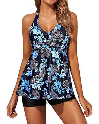 Yonique Two Piece Tankini Swimsuits For Women With Shorts Halter V Neck Bathing Suits Flowy Twist Front Swimwear Paisley M Blue #TOP3