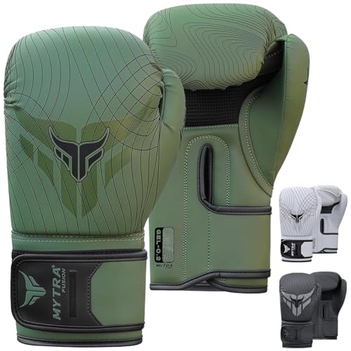 Gants de Boxe 10, 12, 14, 16 oz — Gants Frappe avec Paume en Maille Aérée Gants entraînement | Gants MMA, Muay Thai & Kickboxing pour Hommes & Femmes (Vert Olive, 14-oz)