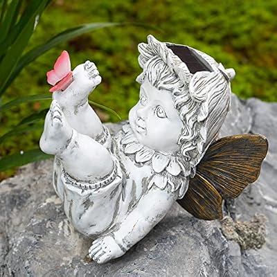 Suyorpe Garden Fairy Outdoor Solar Decor, Resin Ornaments for Patio Lawn Yard Porch, Playful Garden Flower Fairy Statues for Outside Angel Gifts, 7.91 Inches Tall