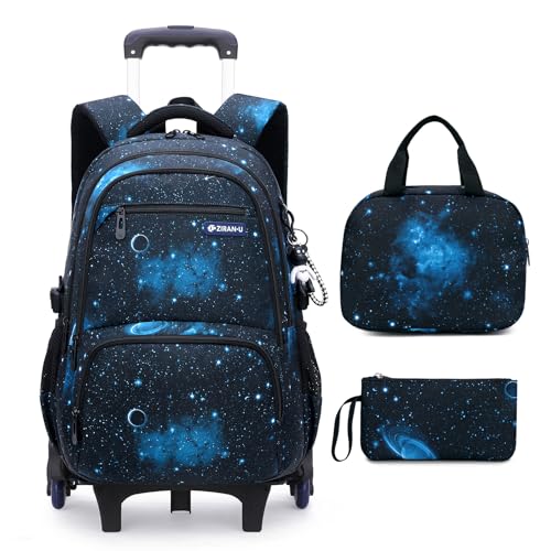 Amythe Zaino Trolley Set da 3 pezzi per Ragazzi, Zaini Scuola Elementare Media Superiore con Borsa Pranzo Borsa per Penna, Zainetto Bambini con Ruote Valigie, 32x19x48cm, Blu