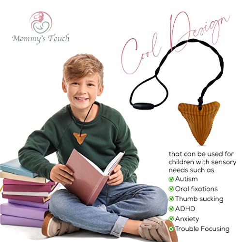 Mommy's Touch Shark Tooth Silicone Teething Necklaces - Sensory Chew Toys For Special Needs Kids & Aggressive Chewers - Soothing, Calming Teethers For Toddlers - Black, White & Wood Design - 3-Pack #TOP6