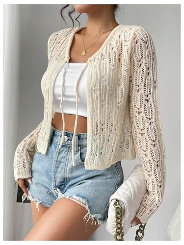 MakeMeChic Women's Hollow Out V Neck Long Sleeve Cardigan Sweater Tie Front Lightweight Cardigans4