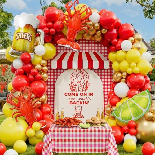 Bonropin Crawfish Boil Party Supplies 150pcs Crawfish Balloon Arch Garland Kit with Red Yellow Gold Latex Balloons Crawfish Beer Lemo Foil Balloons for Crawfish Boil Birthday Party Decoration