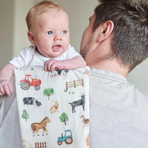 Image of LifeTree Muslin Swaddle Blankets, Baby Swaddles Blanket for Boys Girls Newborn Nursery, Soft Large 47 inch x 47 inch, Farm Animals, 70% Viscose from Bamboo and 30% Cotton