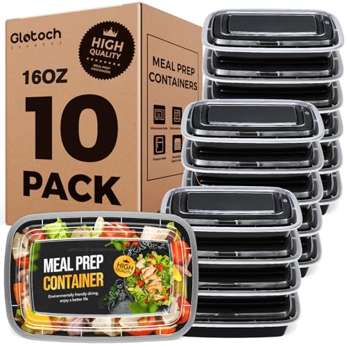 20-Piece (10-Pack) 16 OZ Meal Prep Containers Reusable with Lids, Sturdy Leakproof & Food Safe, Microwave, Freezer, Dishwasher Safe To Go Food Containers, Plastic Take Out Containers, Black