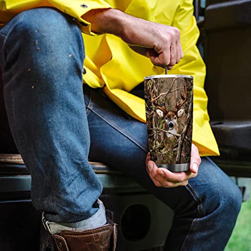 Hunting Deer Camouflage 20Oz Tumbler With Lid Deer Hunting Forest Branches Leaves Vacuum Insulated Car Tumbler Cup Deer Hunter Travel Coffee Mug Dad Papa Father's Day Husband Son Birthday Gift Tumbler #TOP6