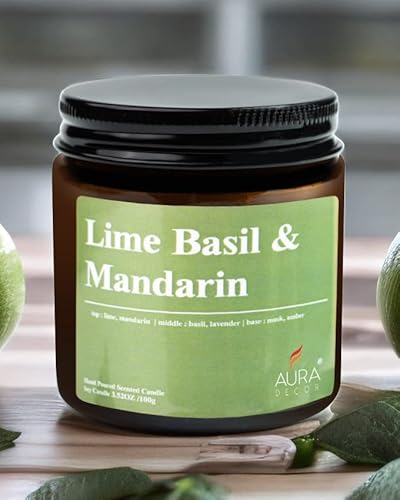 AuraDecor Vela perfumada en tarro de cera de soja ámbar, aroma orgánico de lujo, vela votiva aromática/aromaterapia, tiempo de combustión de hasta 30 horas (lima, albahaca y mandarina, grande)