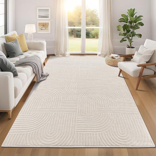 Pauwer 6x9 beige low-pile area rug shown in a living room, proving its full-room coverage