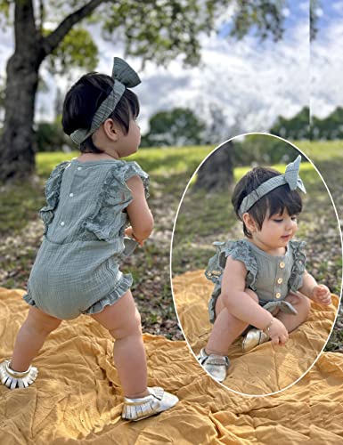 Wgnonw Baby Girl Clothes Newborn Summer Rompers Lace Ruffle Sleeveless One-Pieces Buttons Jumpsuits Bodysuit With Headband Armygreen 0-3M #TOP2