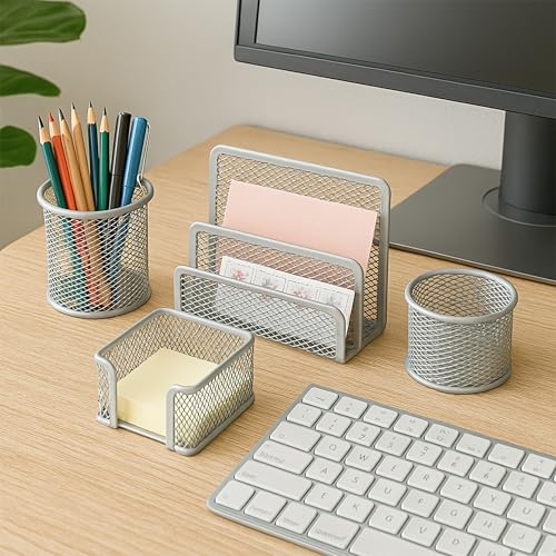 Image of The Better Home Set of 5 Drawer Organisers | Metal Mesh Design | Multipurpose Desk Organizer for Office Supplies | Pen Pencil Brush & Clip Holder | Powder Coated | Silver