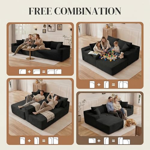 Image of 95 inch L Shaped Cloud Boneless Sectional Couches for Living Room, Modern Comfy Modular Deep Seat Memory Foam Compressed Corduroy Sofa Oversized Left Facing Chaise, No Assembly Required, Balck