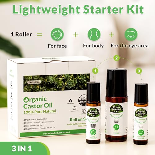 Leczhmyo Organic Castor Oil Roll on for Belly, Face, Body, Under Eyes– Certified Organic, Cold Pressed, Hexane Free, Unrefined – 3 Glass Bottle Pure Roller Ball Castor Oil to Moisturize Skin, Lips 3 Pack