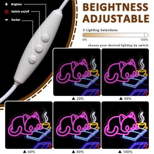 Image of Cat Reading Book Neon Sign for Wall Decor, Cute Cat Led Signs for Library, USB Dimmable Neon Lights for Classroom Reading Cafe Corner Bedroom Study Room Home Book Club Motivational Wall Art