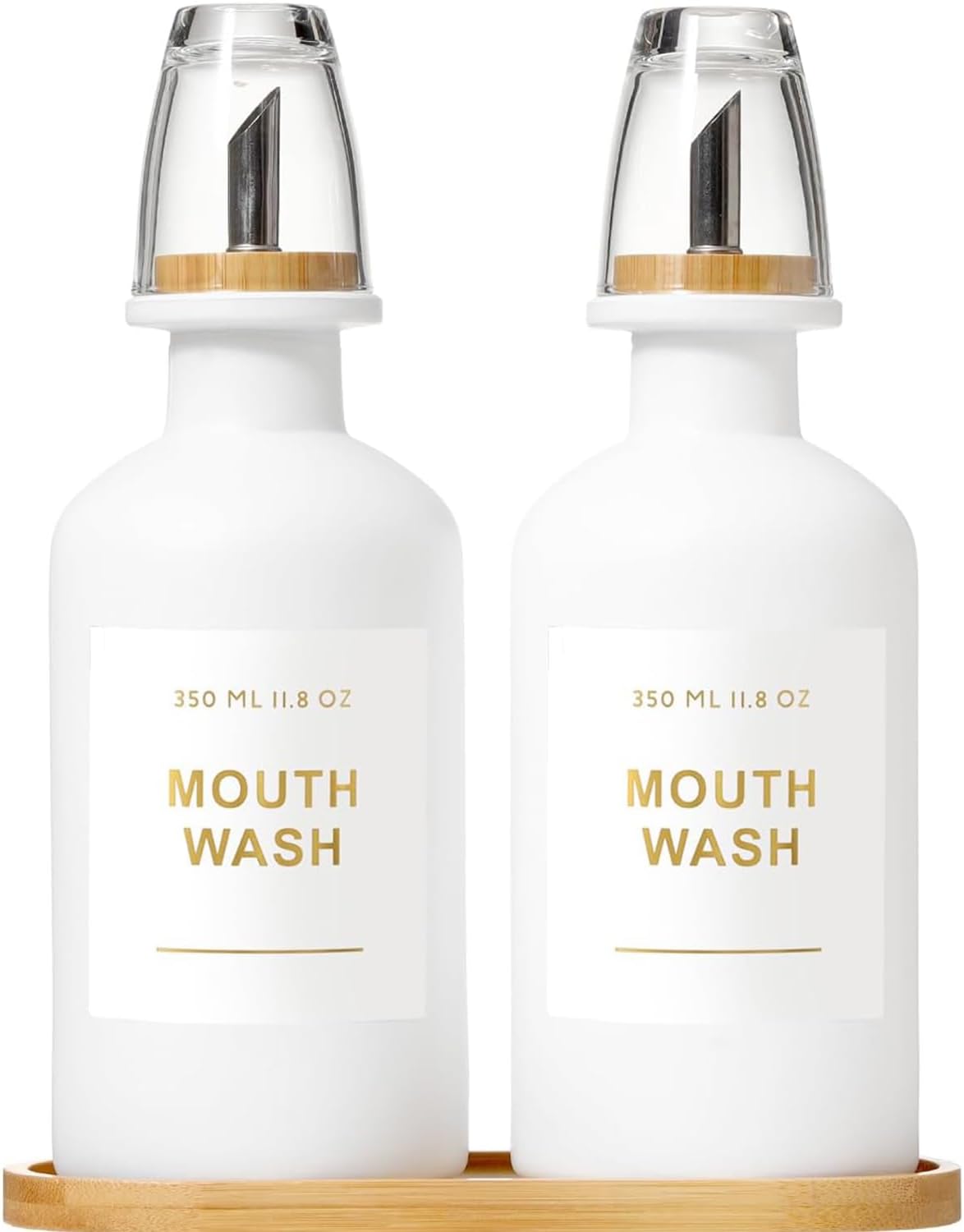 11.8OZ Mouthwash Dispenser for Bathroom with Bamboo & Stainless Steel Pour Spout, Mouthwash Cups Reusable, Bamboo Tray, and Elegant Gold Label. Set of 2（White