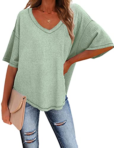 Merokeety Womens V Neck Batwing Sleeve T Shirts Waffle Knit Summer Tops Casual Loose Fit Mint #TOP1