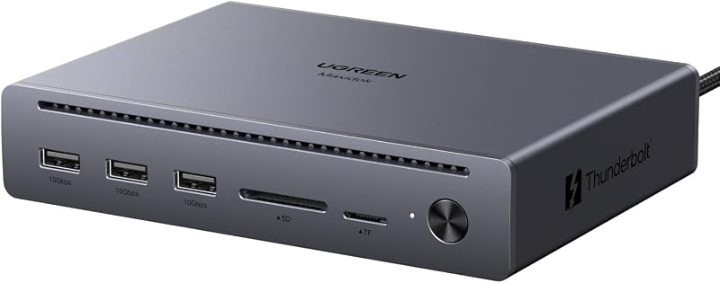 Estación de acoplamiento Maxidok Thunderbolt 5, triple 4K a 144 Hz, puerto 3xTBT5 | 10 en 1, transferencia máxima de 120 Gbps, puerto DP 2.1, doble/simple 8K a 60 Hz, potencia total de 140 W, Gigabit Ethernet, SD/TF 170 MB/s