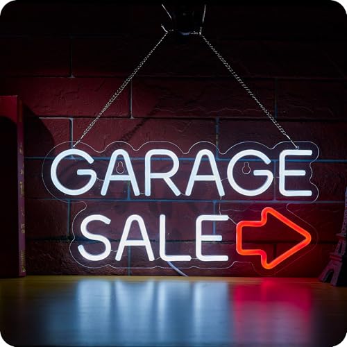 Image of Garage Sale Neon Signs for Event Yard Signs Large Directional Arrows (Red white gargae sale)