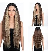 DÉBUT 30 Inches Skunk Stripe Brown Blonde Water Wave 13x6x0.5 Lace Front Wigs Long Wavy Synthetic...