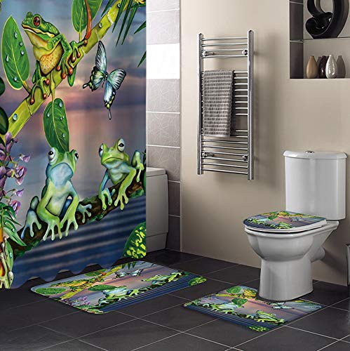Familydecor 4 Pcs Bathroom Shower Curtain Sets With Non-Slip Rugs, Toilet Lid Cover And Bath Mat Cartton Frog And Butterfly Waterproof Bath Curtain With Rustproof Hooks 66X72 Inch #TOP1