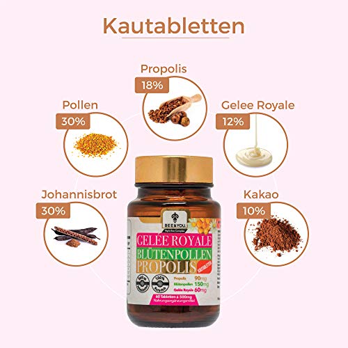 Bee&You Gelee Royale Blütenpollen Propolis mit 500 mg 60 Tabletten (Propolis Kapseln - Kautabletten - Propolis Extrakt - Keine Zusatzstoffe - Fairer Handel - Natürliche & kontrollierte Zutaten) – Bild 4