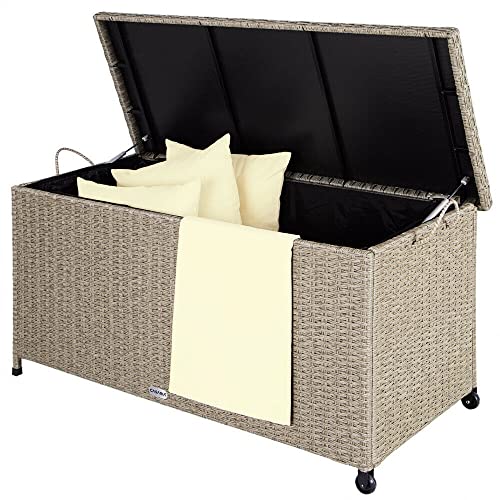 HLJMAQ Gartentruhe Aufbewahrungsbox Auflagenbox Kissenbox Poly Rattan Gartenbox Creme – Bild 3