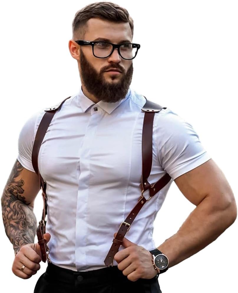 PU Leather Renaissance Suspenders,Vintage Men's Back Support Harness,Metal Hooks for Men,Steampunk,Handmade