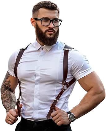 BaronHong PU Leather Renaissance Suspenders, Vintage Men's Back Support Harness with Metal Hooks