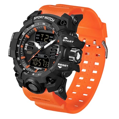 findtime Reloj deportivo militar para hombre, resistente al agua, digital, resistente al agua, con retroiluminación LED, alarma, cronómetro, Negro y naranja, pulsera findtime Reloj deportivo militar para hombre, resistente al agua, digital, resistente al agua, con retroiluminación LED, alarma, cronómetro, Negro y naranja, pulsera