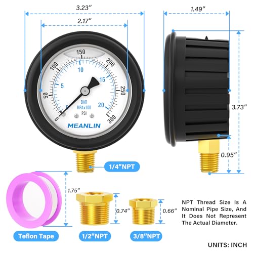 Image of MEANLIN MEASURE 0~300Psi Stainless Steel 1 /4 inch NPT 2.5 inch FACE DIAL Liquid Filled Pressure Gauge, Lower Mount (with Rubber Protective Sleeve), with 1 /2 inch NPT and 3 /8 inch NPT Hex Bushing