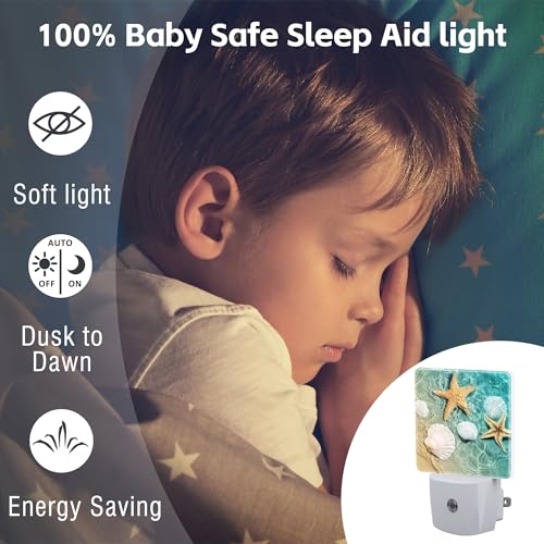 Image of Starfish and Seashell Night Light Plug into Wall, Summer Beach Ocean Waves Dusk to Dawn Night Light Plug in,0.5w Energy Saving Sleep Friendly NightLight for Kids Boys Girls Home Decor