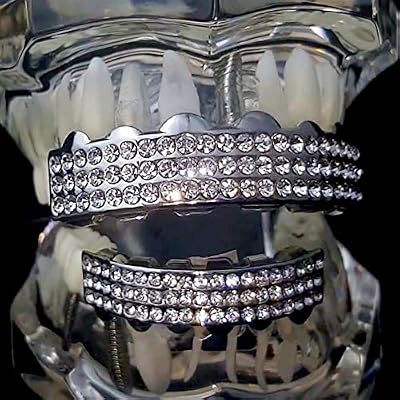 Three Row Grillz Set Iced Silver Tone Top & Bottom Teeth 3 Rows Hip Hop Grills