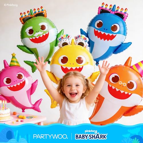 Image of PartyWoo Baby Shark Family Foil Balloons 13pcs Baby Shark Family Pink Round Star Mylar Helium Balloons for Boys and Girls Birthday Decorations Under the Sea Ocean Kids Birthday Party Decorations