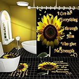 Izayoi 4 Pcs Sunflower Shower Curtain Set,Yellow Flower Butterfly Controller Bath Curtain with Anti-