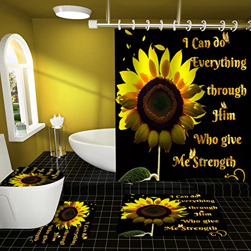 Izayoi 4 Pcs Sunflower Shower Curtain Set,Yellow Flower Butterfly Controller Bath Curtain With Anti-Slip Mat Toilet Cover And 12 Hooks,Black Waterproof Sunflower Bathroom Decor Sets #TOP2