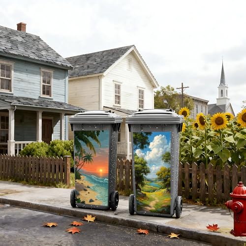 Image of 2 PC Trash Can Sticker 14.57 x 32.28 Inch Nature Landscape Design Vinyl Sticker with Sunset Beach Palm and Mountain Valley Path Pattern for Outdoor Garbage Bin Garden Yard Driveway Home Decor