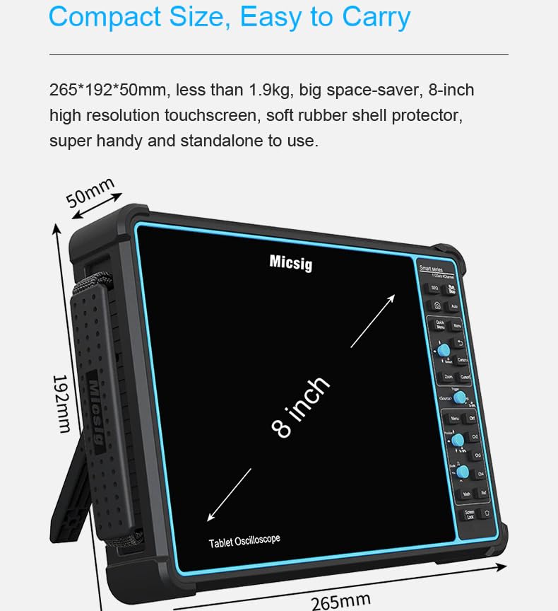 Micsig STO1004 Oscilloscope packing list showing main unit, probes, power adapter, power cord, and calibration certificate