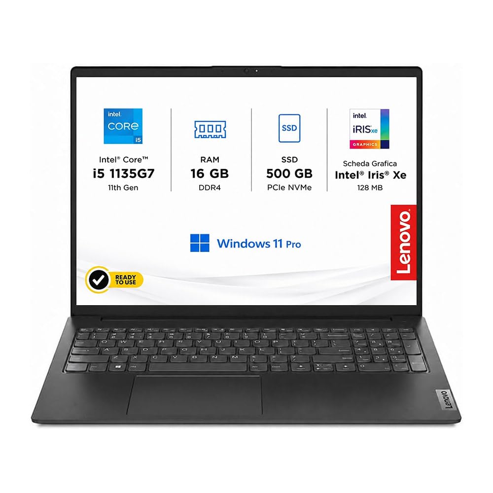 Lenovo Notebook PC Portatile, Intel Core i5-1135G7 | Fino a 4,20GHz, Memoria Ram 16Gb, SSD PCI NVme da 500 Gb, 3 USB di cui 1 Type-C, LAN RJ45, HDMI, Webcam, ready to use