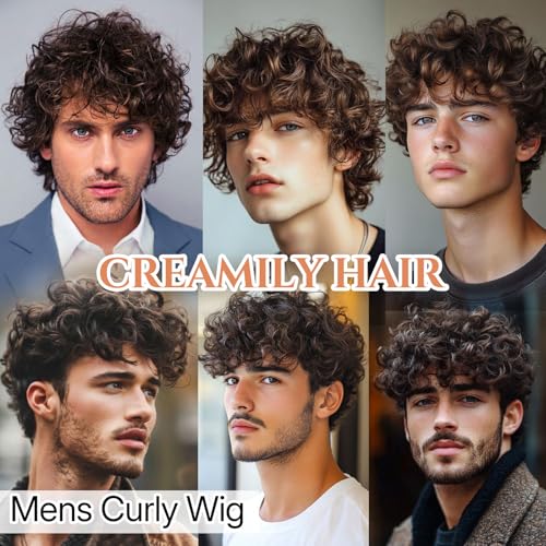 Image of Creamily Curly Hair Wig for Men, Male Wigs That Look Real,Artificial Fake Hair for Men,Short Full Wig for Man Synthetic Wigs for Boys for Daily Party Use (Brown, 8 Inches)