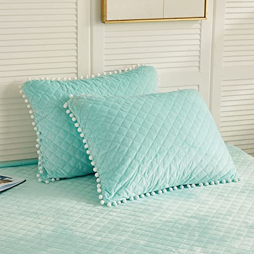 Liferevo 2 Pack Diamond Quilted Velvet Bed Pillowcases, Pom Poms Fringe Decorative Throw Pillow Shams Set Of 2, Soft Bed Pillow Cases Zipper Closure For Teen's Girls Bedroom (Aqua, Standard/Queen) #TOP9