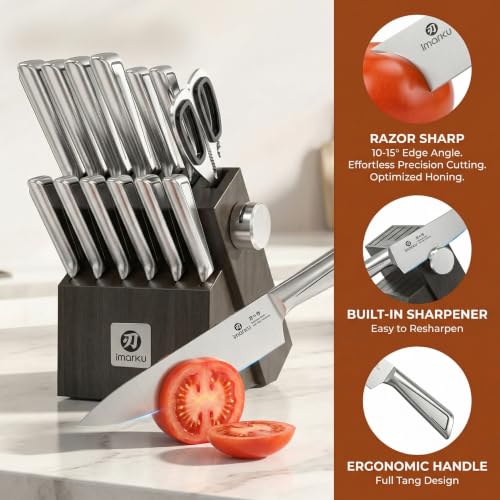 Image of imarku Japanese High Carbon Stainless Steel Knife Set with Block, Precision-Forged Gyutou Kitchen Knives with Built-in Sharpener, Ultra-Sharp 10-15 Edge, Ergonomic Non-Slip Handle, Dishwasher Safe