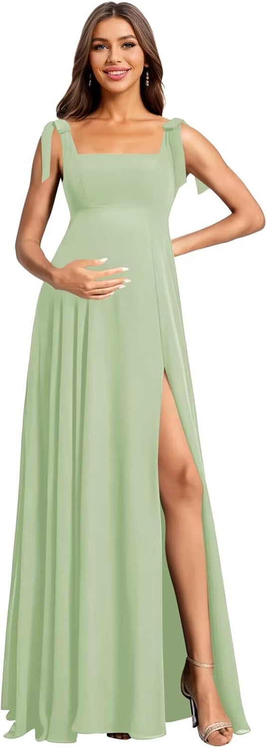 Eightale Chiffon Maternity Bridesmaid Dress for Women Long Bow Tie Maxi Slit Formal Evening Gown