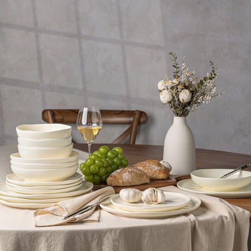 GBhome Steingut Geschirrset 6 Personen, 24-tlg Reaktive Glasur Handarbeit Geschirr Set, Mikrowellen- & Spülmaschinenfest Schüssel- und Teller Set, Gesprenkeltes Beige
