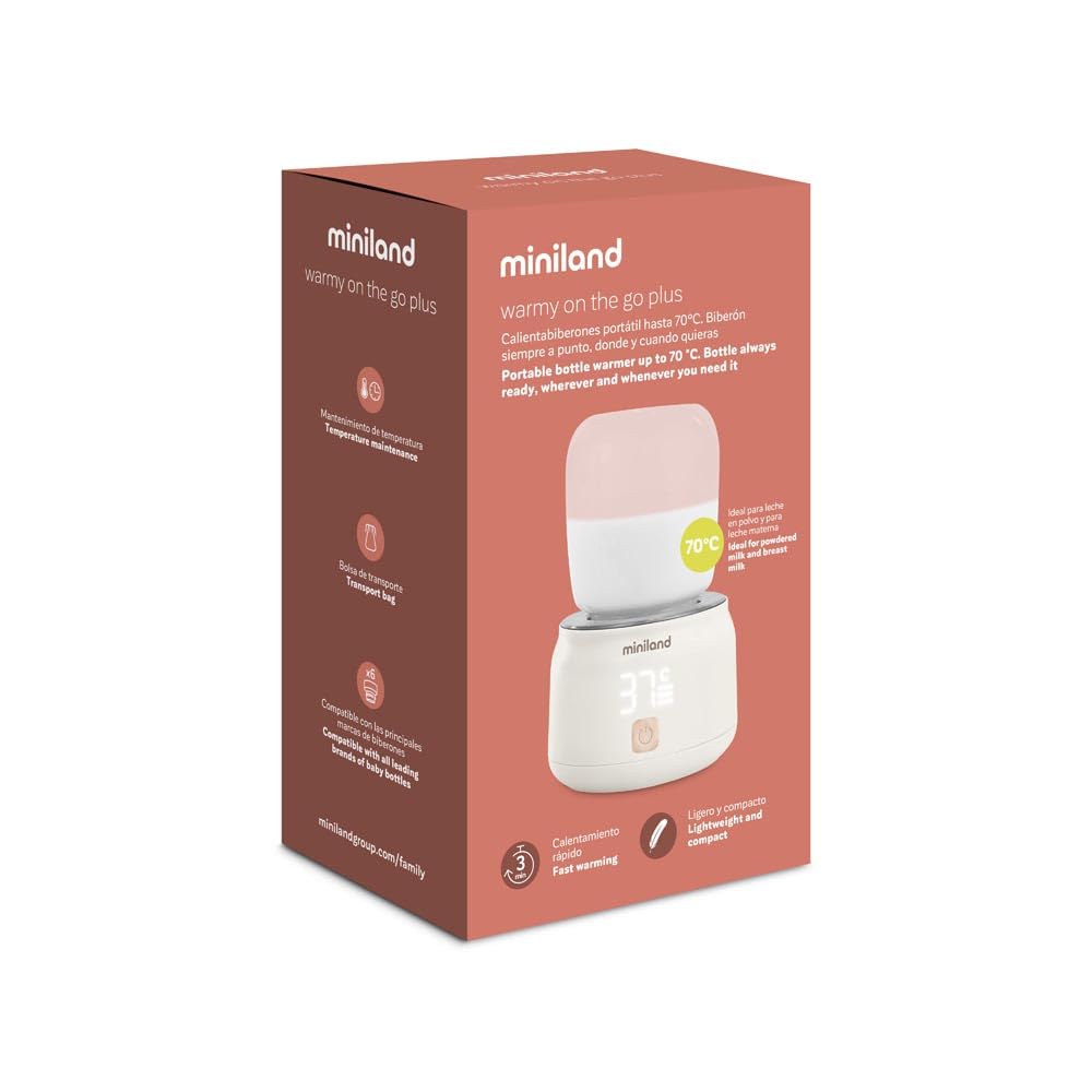 Miniland Warmy On the Go Plus - Scalda biberon portatile, ricaricabile tramite USB, riscalda acqua e latte fino a 70 °C, 5 temperature, mantiene il calore, ideale per i viaggi