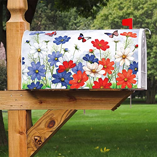 Image of Texupday USA Patriotic Butterfly Pansies Floral July 4th Mailbox Cover with Magnetic Strip Memorial Day Mailbox Wraps Post Letter Box Cover Standard Size 21 inch X 18 inch for Garden Outdoor Yard Decor