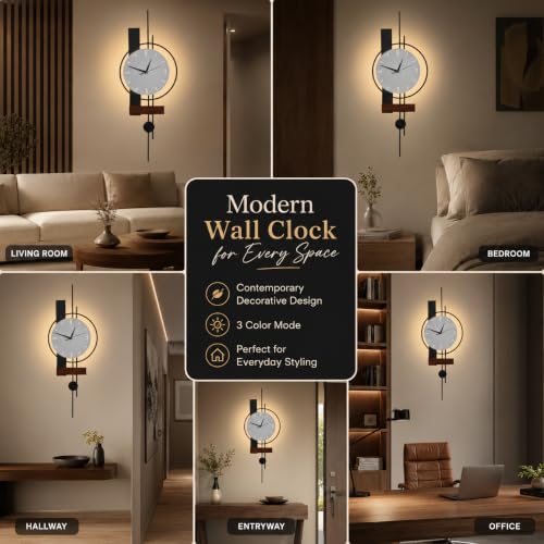 Image of Smartway Lerzo 6W LED Wall Lamp with Analog Clock | Modern Decorative Wall Light | 3 Color Modes | Wooden Accent Wall Clock Light for Bedroom, Living Room, Hallway & Bedside | 1-Year Warranty