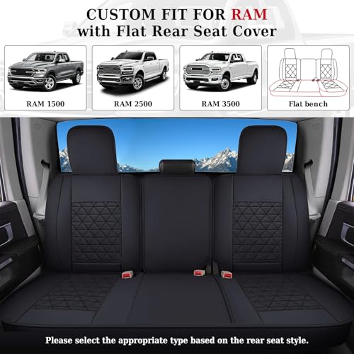 Image of Coverado Car Seat Covers Full Set, Leather RAM 1500 Seat Covers Protectors Compatible with 2002-2026 Dodge RAM 1500 2500 3500 Crew Double Mega Quad Cab with Flat Bench, Black