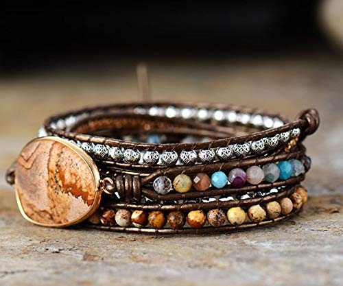 Zosojona Starto Handmade 5 Wrap Bracelet Natural Jasper Druzy Turquoises Leather Boho Bracelets Jewelry (Brown Agate) #TOP2