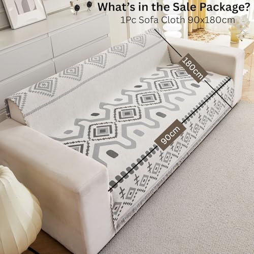 Image of HOMETHREADS Chenille Bohemian Boho Style Sofa Cover | Thick & Soft Luxury Slipcover | Protective, Washable & Stylish Couch Cover for Living Room Decor. (Bohemian Grey, 1 Seater Large | 90x180cm)